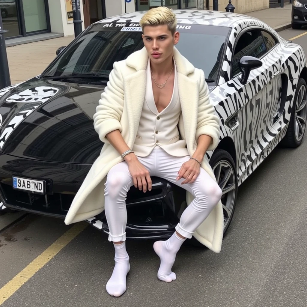 full body, A beautiful White wealthy blond man with stylish preppy undercut haircut, massive inflated siliconed, wearing gold rings, necklaces, bracelets, wearing a Fox fur coat and Fox fur hat, belgian elegant loafers and white socks, is lying next to a poorly dressed young muscular black scally boy in the back of a limousine