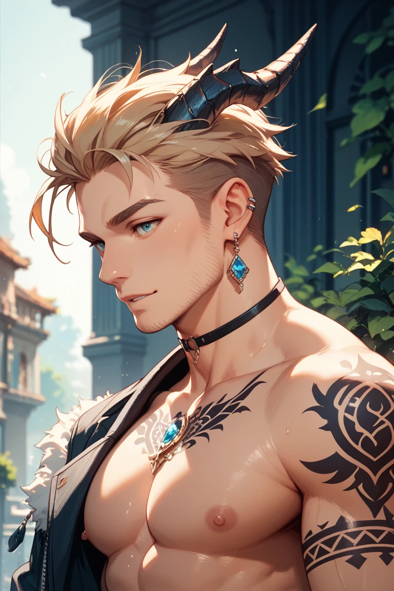 Handsome male, blue eyes, blonde hair, short hair, horns, soft features, roman nose, bara, black suit, chest harness, black pants, black boots,piercings, tattoos, big bulge in pants, black wings, rose garden, laying on grass