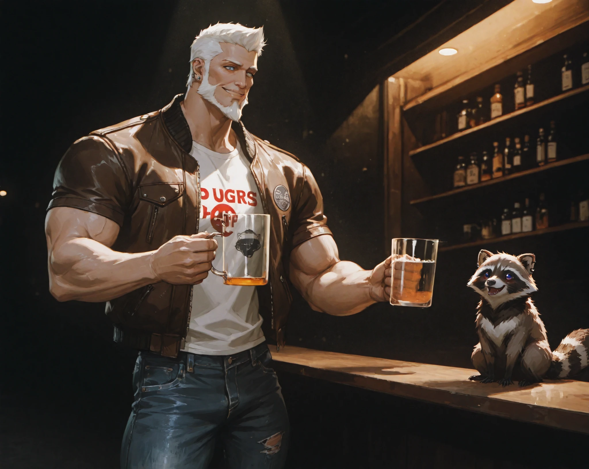 A thin man dressed as a panda, a handsome and half-sucked panda, works at a bar called Mojito Panda and is celebrating the gay pride parade.