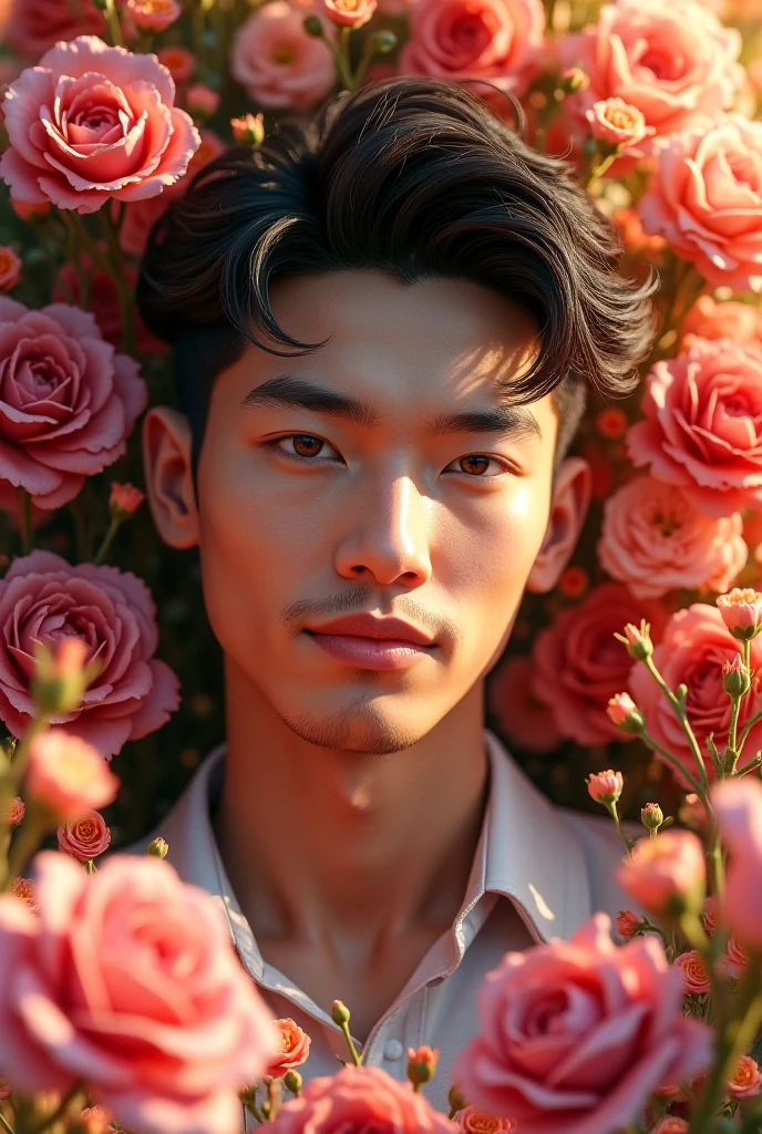 best quality,masterpiece,Ultra high detail,A handsome muscular Chinese man,Short black hair, eyes closed, topless,Flowers on his shoulder, With flowers in his black micro thong, realistic, Grey background,red, pink and white rose flowers, flowers on his head