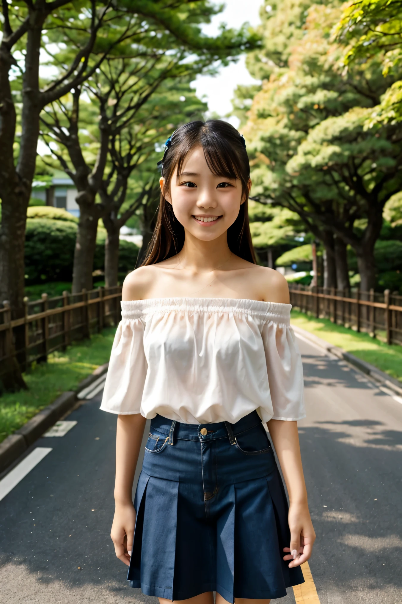 Japanese girl　elementary school student　smile　 see-through off-shoulder that sticks your whole body forward　tree-lined road