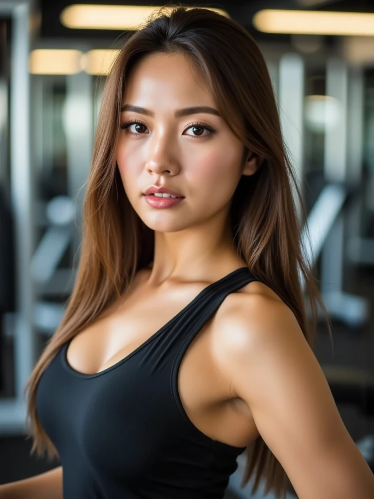 fille brune, euro asian girl, fille, asian, tetas grandes, plump lip, big lip, tetas grandes, generous chest, gym girl, fitness girl, beau sourire, white complexion, skin white, beau regard, Beautiful lip, fille qui se différencie, photo portrait, photo bonne qualité, 4K, 8K, realistic, pose de profil, model looking at camera, model looking straight ahead