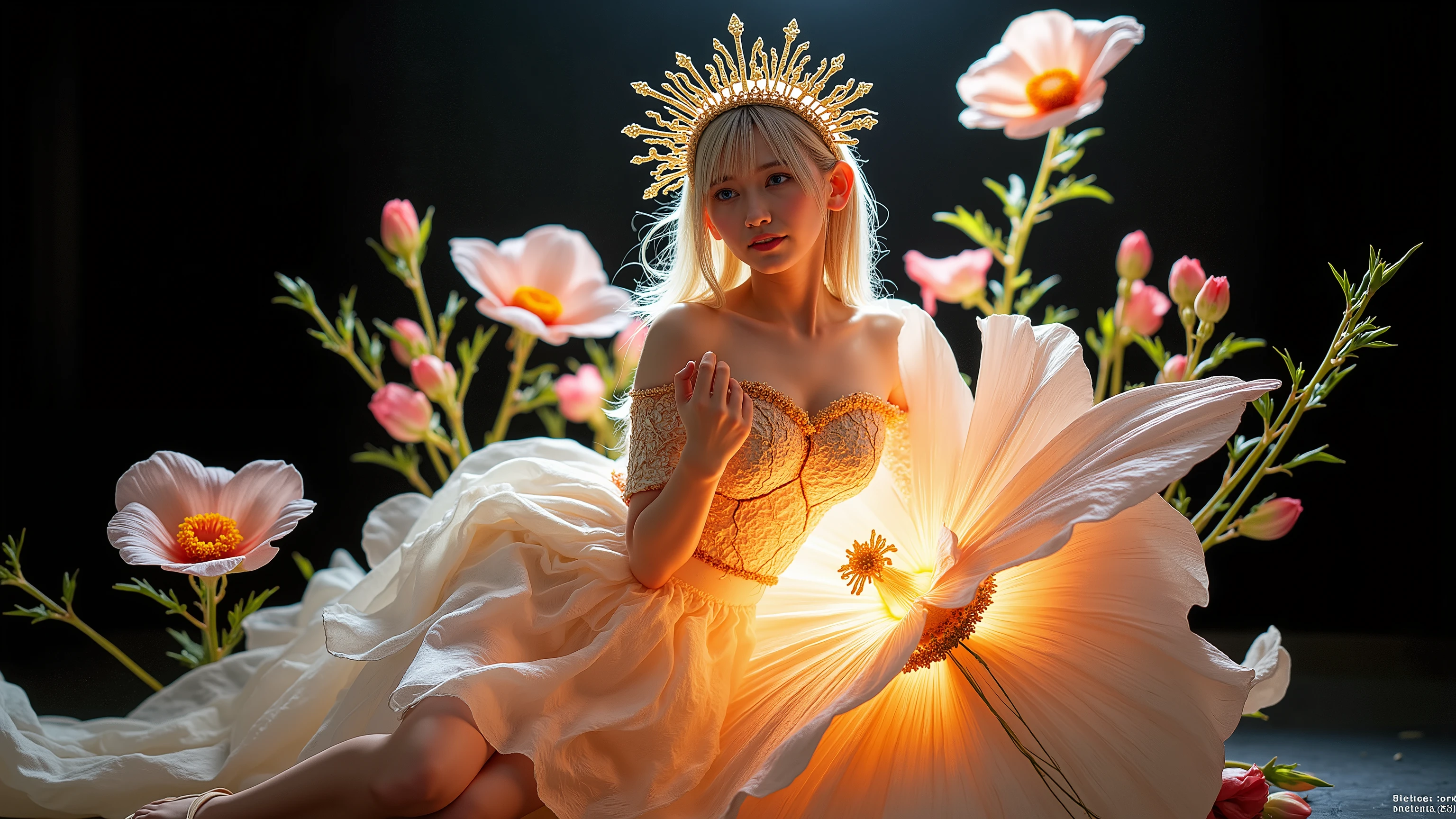 Picture of a flower of hope , (Skeletal:1.3), ((female decorated princess)), ( long, 1 woman with fluttering blond hair ), (Beautiful bright blue eyes), Big Breasts, Chest, (erect nipples), slender body, abs, Curvy Body, naked ass, Art Station Trends, Jean=Flower of Hope by Honoré Fragonard, Peter Maubbach , Super Detail, messy details, amazing, complicated, elite, art nouveau, decorated , Liquid wax, chic, luxuryな, luxury, Greg Ratkowski, ink style , stickers , vector art, beautiful character design, double exposure photo, luminous design, Award Winner, Artwork, amoled black background , (full body),