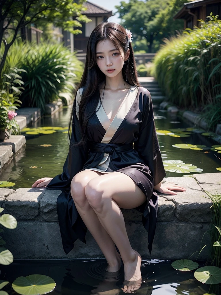 (​masterpiece,top-quality),Beautiful detailed nun,Bewitching face,Japan Person Model,long lashes,Wearing a long black lace dress,Hide your mouth with a lace cloth,Detailed details,Very huge,With cleavage,stares at the camera、Japanese garden,Showing legs,long legged,black garter belt,