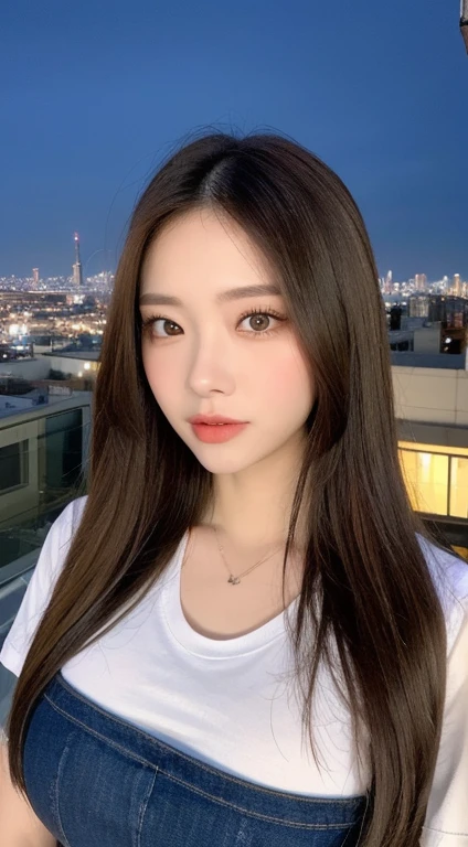 ((Midnight, Best quality, 8k, Masterpiece :1.3)), Whole body, Long legs, Sharp focus :1.2, A pretty woman with perfect figure :1.4, Slender abs :1.1, ((Dark brown hair, Big breasts :1.2)), (White tight tshirt, Jean bib, Standing:1.2), ((Night city view, Rooftop:1.3)), Highly detailed face and skin texture, Detailed eyes, Double eyelid
