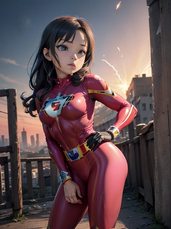 (((blue sky with cloud in background))), Ultraman、realistic、realistic、cinematic lighting, Girl in a shiny red and silver suit、18 years old、professional photo, Japanese model, Japanese cgi、Ultraman Suit、tight and thin cyber suit, Whole body rubbery delicate body, big breasts、small ass、thin thighs、thin arms、thin waist、camel toe、Both sides of the cyber suit stick to the skin、Big eyes、black short hair、facing the front、facing the front、A glowing sphere is embedded in the chest.