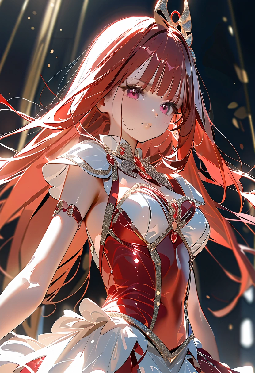 Female character with wavy red hair parted on two sides, wearing a red princess dress, in a ballroom 
