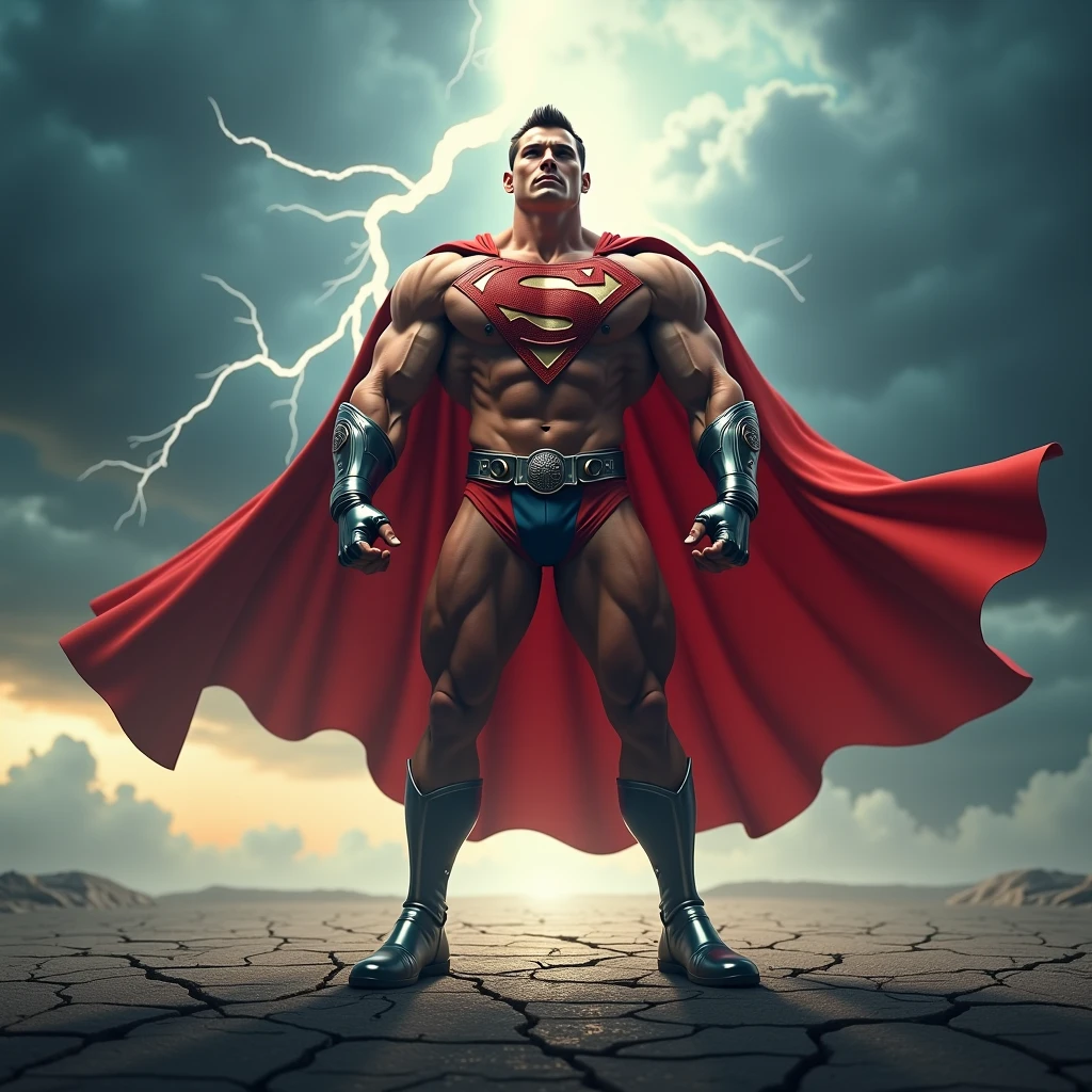 high quality, cinematic ray , realistic digital art illustration, epic, lightning, massive sherred body builder wearing super hero dress and posing in the air