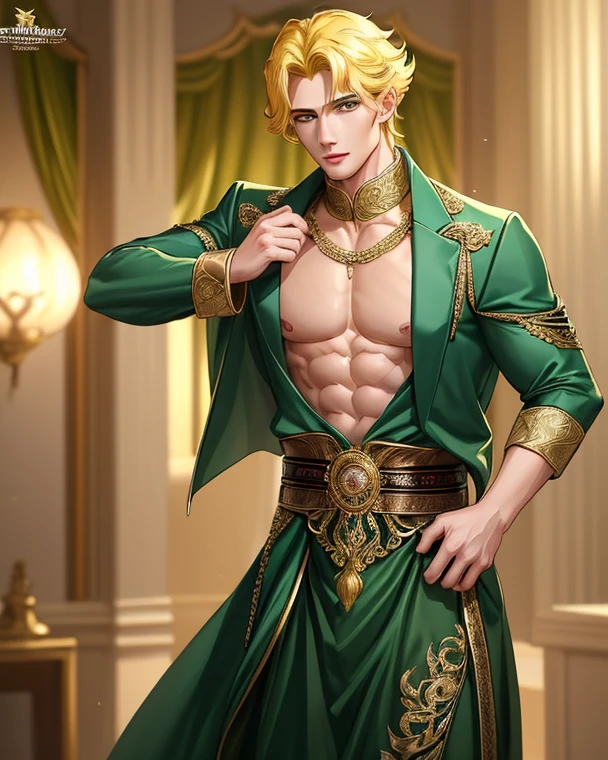 (8k,shipmentsrrealista shipments Maximum quality;1.4) (1 young boy) Super handsome king of the underworld (lifelike face) (long hair, bright green floral hair) slenderbody Muscular and hairy and macho Shiny green floral aristocratic outfit with large golden eyes bright green floral decoration Fangs peeking out of the mouth Pointed claws a seductive gaze Beautiful expression A hyper-realistic (King of the Underworld) appealing (real looking skin) super high resolution high détail Luxury floral green pants golden pink green aura emanating from the body effect green floral transparent cover