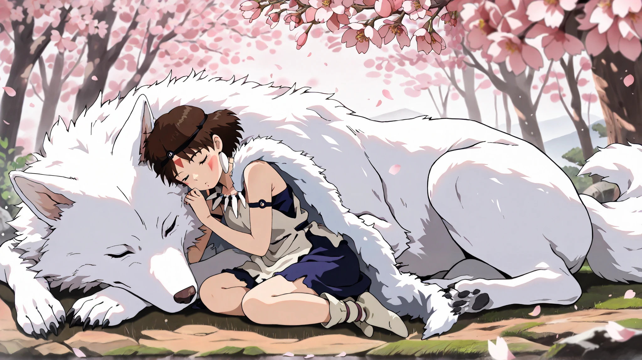 (masterpiece, best quality, amazing quality, very aesthetic, high resolution, ultra-detailed, absurdres,optimal quality), princess mononoke, sitting beside white wolf, sleeping white wolf, in the style of studio ghibli, in the style of hayao miyazaki, sakura, cherry blossom, relaxing color, cinematic, blurry,
