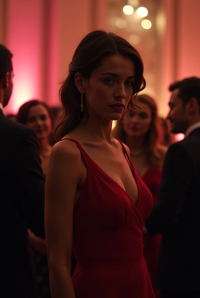 photo-realistic perspective color Eye-Level Shot, 1girl, age 15 years old , model, light brown hair, long hair, hair behind ear, , jewerly, red sexy Dress, which is showing some parts of her body, elegant necklace, cinematic lighting, on party , inside, behind her are peoples partying, DSLR, 35mm, f/1.8, Fujicolor, HDR, highres, 8k, 4k,