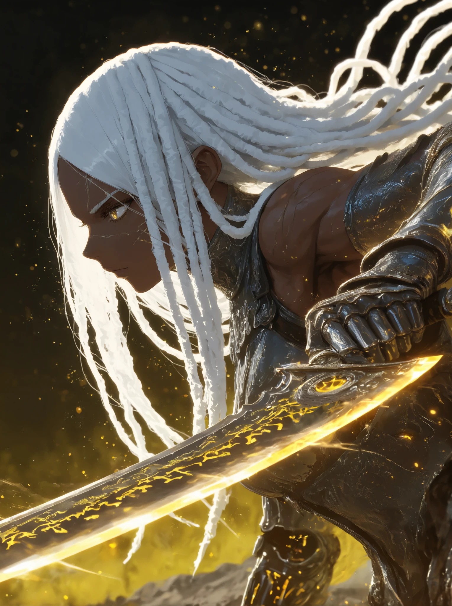 black warrior woman, jagged blade, white dreadlocks, body armor