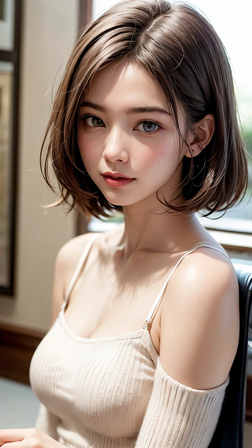 ((best quality)), ((masterpiece)), (detailed), perfect face uma mulher de 21 anos, cabelos andulados no corte micro bob com partilha, cor de cabelo marrom escuro.