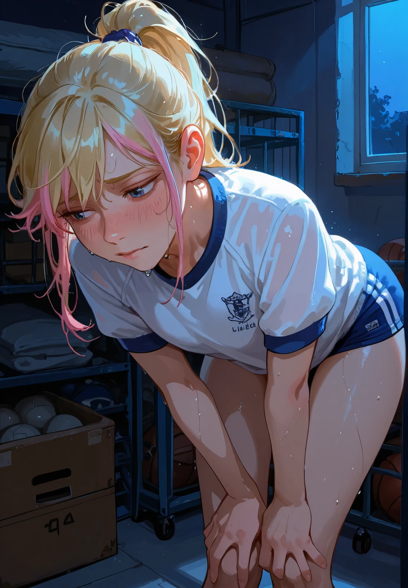 1girl, solo, Riley Andersen, Inside Out, shy, blush, sweaty, blonde ponytail hair with pink highlights, school gym outfit, storage room, bent over, night time, beautiful lighting and shadows,