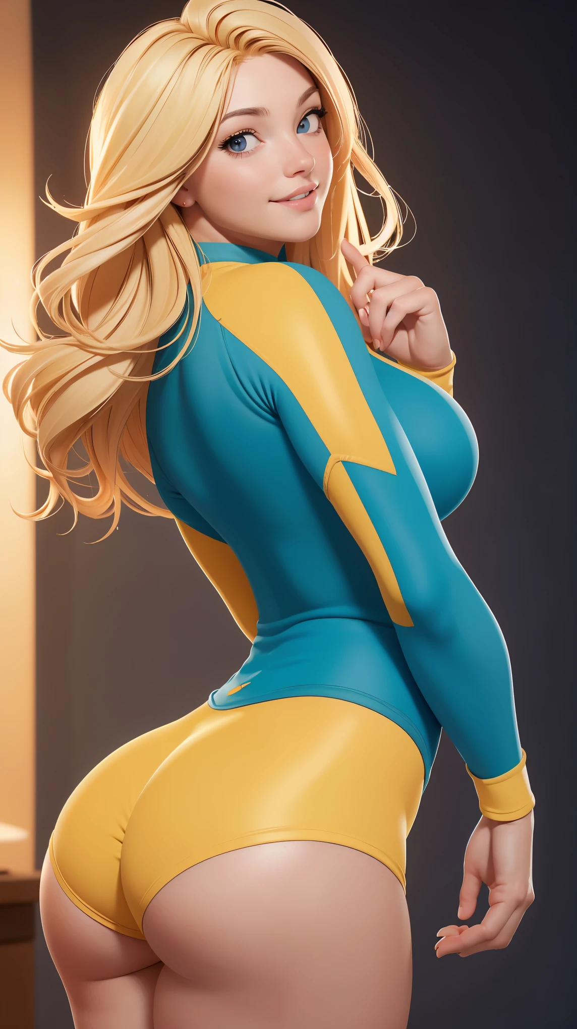 Sexy Brazilian superheroine with spider powers, loves having fun, parties and working out, Blonde hair, ponytail, fit body, wears a green, blue and yellow leotard, blue gloves and blue high knee boots, fishnets spider themed outfit complete with a domino mask portrait photography by artjerm, in the style of realism, glistening skin, cartooncore, mangacore, natural lighting, Defined full lips. Muscular fitness feminine body