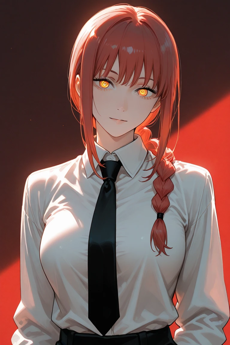 score_9, score_8_up, score_7_up, score_6_up, 1girl, Makima_(chainsaw man), halo, white shirt, black pants, cleavage, looking at viewer, red hair, sidelocks, braided ponytail, ringed eyes, yellow eyes, glowing eyes, black belt, buttons, hands in pockets, dim lighting, white wall in background, blood on wall, evil smirk, foreshortening