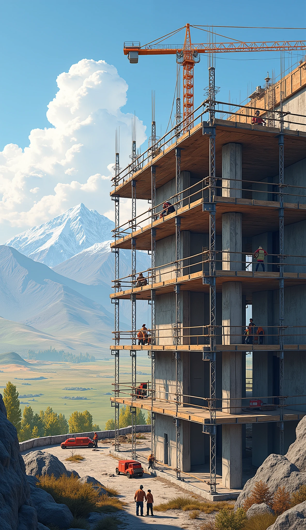 realistic illustration of scaffolding and formwork systems at the construction of a residential complex against the background of Kazakhstan's landscapes