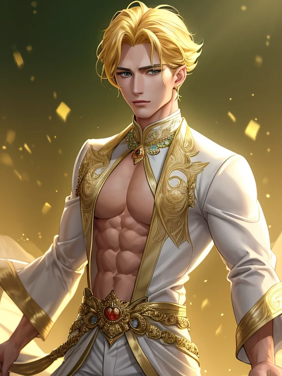 Simba: [1], the lion prince is a young man with blond hair and green eyes. He has a strong jawline and a small scar above his eyebrow. He wears a red cape and a gold necklace. [2] He has a serious expression, with a hint of sadness in his eyes.