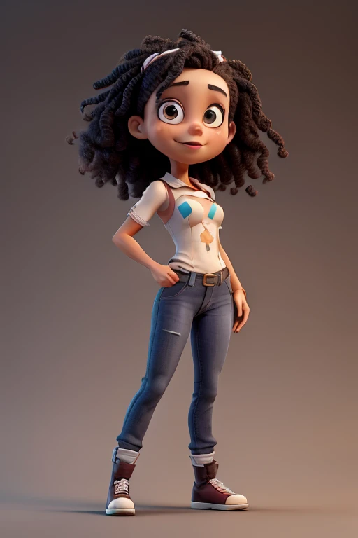 a black woman, afro hair. she's standing, hands extended along the body, wears black pants, fair, and an open orange coat, showing a white t-shirt, dark blue heel shoes,  behind her a white background