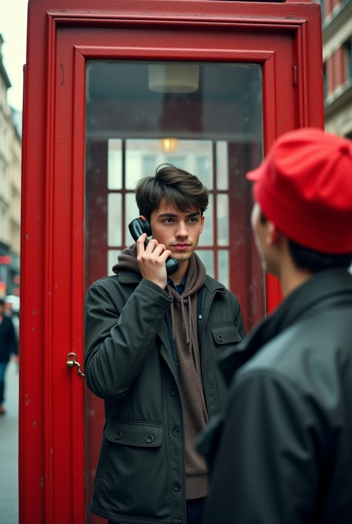 A male student happily making a phone call in a red telephone booth。An angle shot from an oblique perspective。

