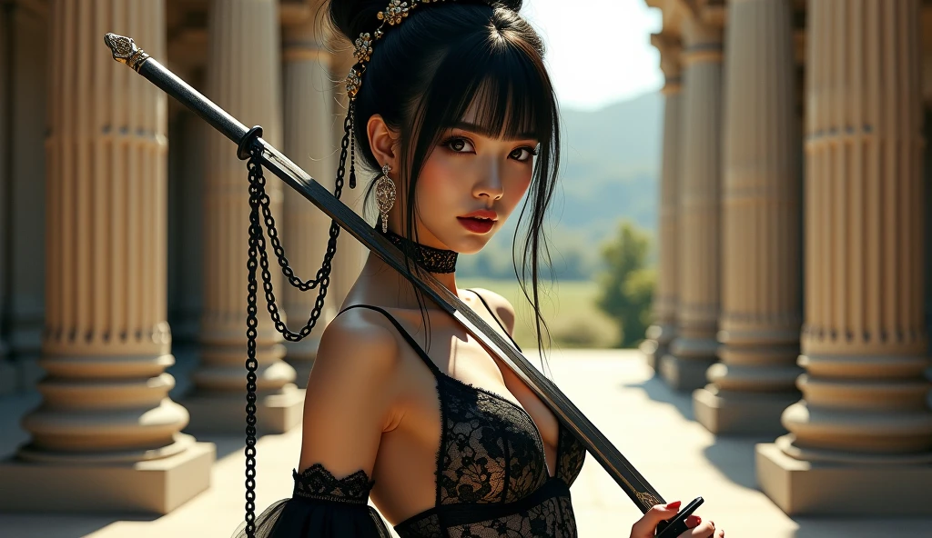 (Best image quality), (masterpiece), (Vibrant, Photo realistic, Realistic, dramatic, dark, Sharp focus, 8k), beautiful, Highly detailed face and skin texture, sexy wedding dress, Heavenly beauty, Mature Asian Woman,Long black hair, Compensate, Browsing Caution ,Close-up shot, ((Backlight)), Holding the Sword, Samurai Wedding