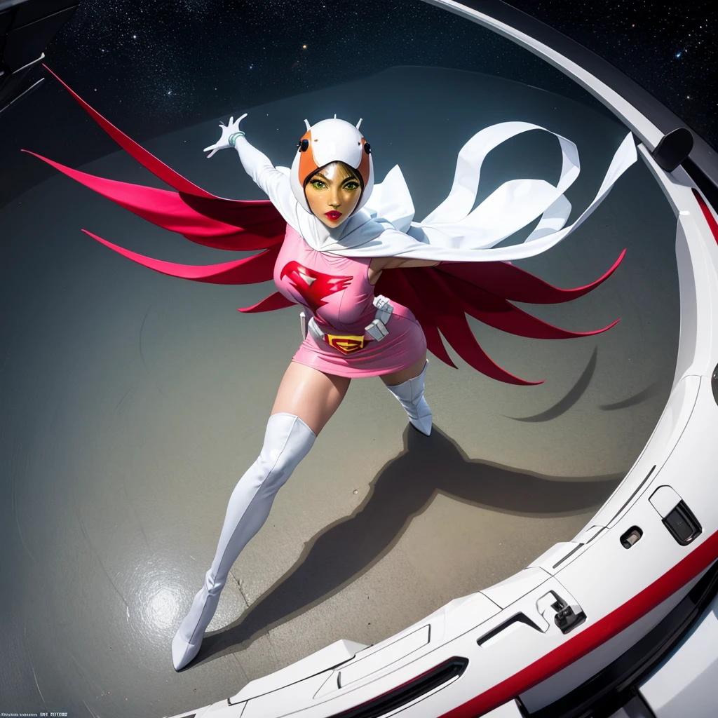 Gatchaman, (Masked superheroes), Iconic heroes, The Guardians of Earth, Science Ninja Team, (Stunning superheroes), (Vibrant colors), Space-themed costumes, Sleek gauntlets and helmets, Silver and blue agile figures, (Incredible detail), (Capital city backdrop), Defending humanity with courage, Spectacular pose, Iconic "KEN", "Joe", "Jun", "Kenichi", and "Jinpei", Patrolling the skies, Ready to battle the evil Galactor, Stunning visual treat, (Colorful animation), Formations of spark, breasts, giga_busty, Hi3JTS, full body shot from below