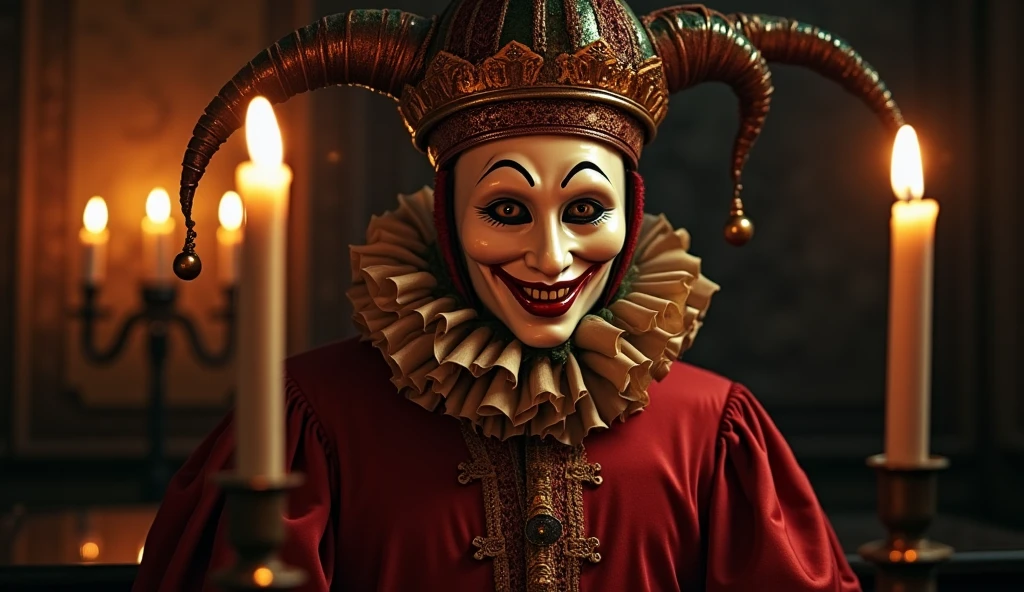 Craft a jest fit for the royal court: In the midst of a grand medieval dark fantasy festival, a mischievous AI-generated jester entertains the nobility with a witty quip that blends magic, mystery, and humor."