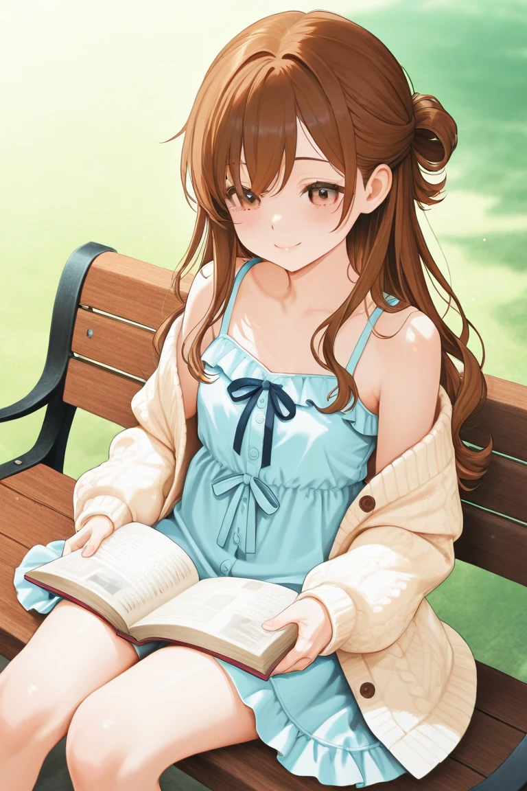 best quality, masterpiece, nice hands, perfect hands,  Miku, smile,medium  breasts, Blue Cardigan, sitting under a tree, reading a book, detailed skin texture, (blush:0.5), (goosebumps:0.5), subsurface scattering,cross leg,medium thighs ,black tights