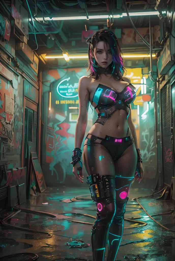 ((Best quality)), ((masterpiece)), (highly detailed:1.3), 3D, beautiful (cyberpunk:1.3) street samurai wearing body harness, guns on hips, nsfw
