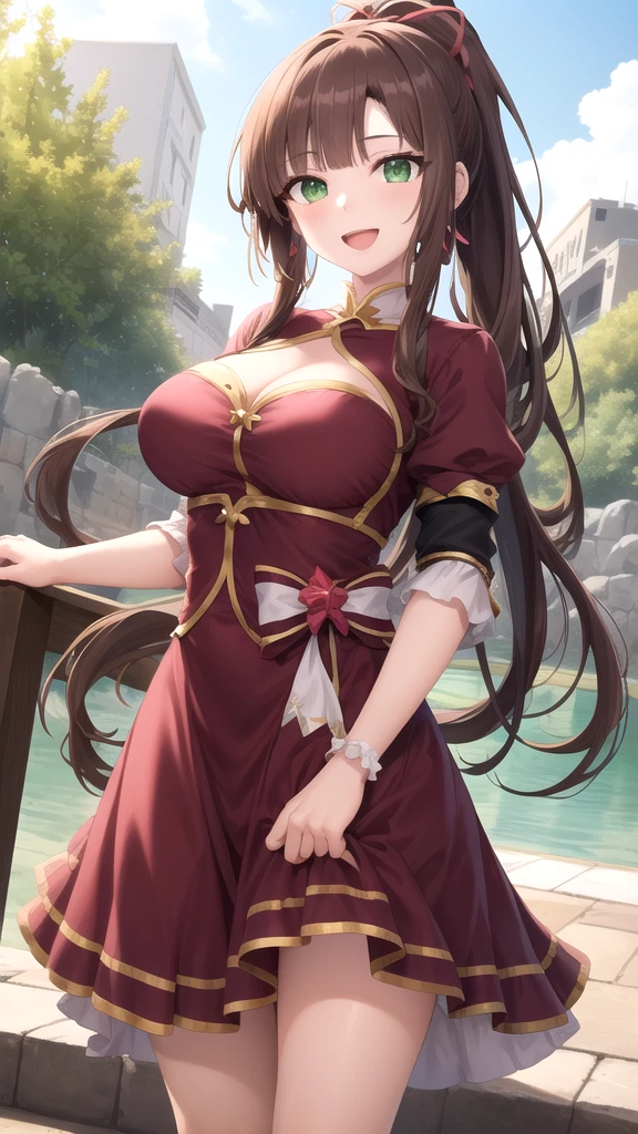 ((masterpiece、highest quality))、Guido Daniele&#39;s hands、sitting、cinematic angle、dutch angle、a beautiful woman with big breasts、Day、null、Mountain、wood、outdoor、river、hot spring、nature、torii、Imperial coin、temple、Miko costume、black tactical gloves、tail、nine tailed fox、long hair、split-colored hair、Color Chip、brown hair、redhead、bangs、hair ornaments、animal ears、fox ears、blush、shy face、red eyes、long eyes、put your hand on your chest