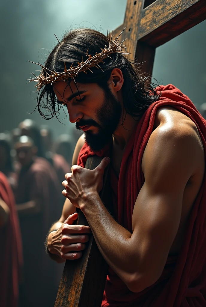 (work of art)(super verbose)(4k supreme image quality)(ultra realisitic)(fot)
  "prompt": "A highly realistic and emotionally evocative depiction of Jesus Christ during the Passion, shortly before the crucifixion. He is standing, but with difficulty, after having endured severe scourge. Your body is wounded, with deep and visible wounds from the lashes on his back, arms and legs. Your face is marked by sweat, blood and a deep expression of pain and sadness. Their eyes, although full of agony, convey a feeling of compassion and love. The crown of thorns rests heavily on his head, with thorns piercing your skin, making the blood run down the forehead. The background is dark and gloomy, emphasizing the gravity of the moment. The general atmosphere is one of immense suffering, but also of divine strength and endurance."
}