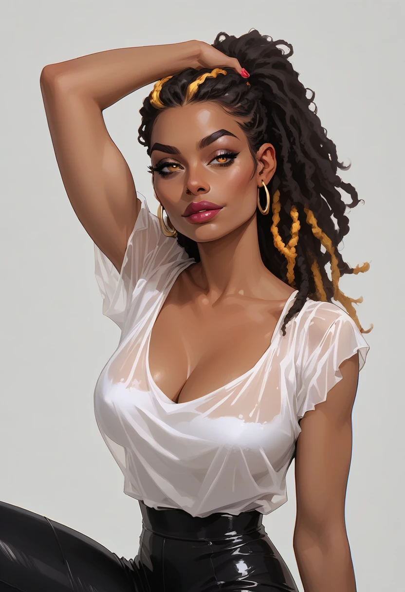 score_9, score_8_up, score_7_up, score_6_up, score_5_up, score_4_up, Haitian woman, dark-skinned, Very long hair, hazel eyes, brown hair, gold hoop earrings , golden necklace, white see through top, large breast, cleavage, nipples, , perfect lighting, portrait closeup, realistic