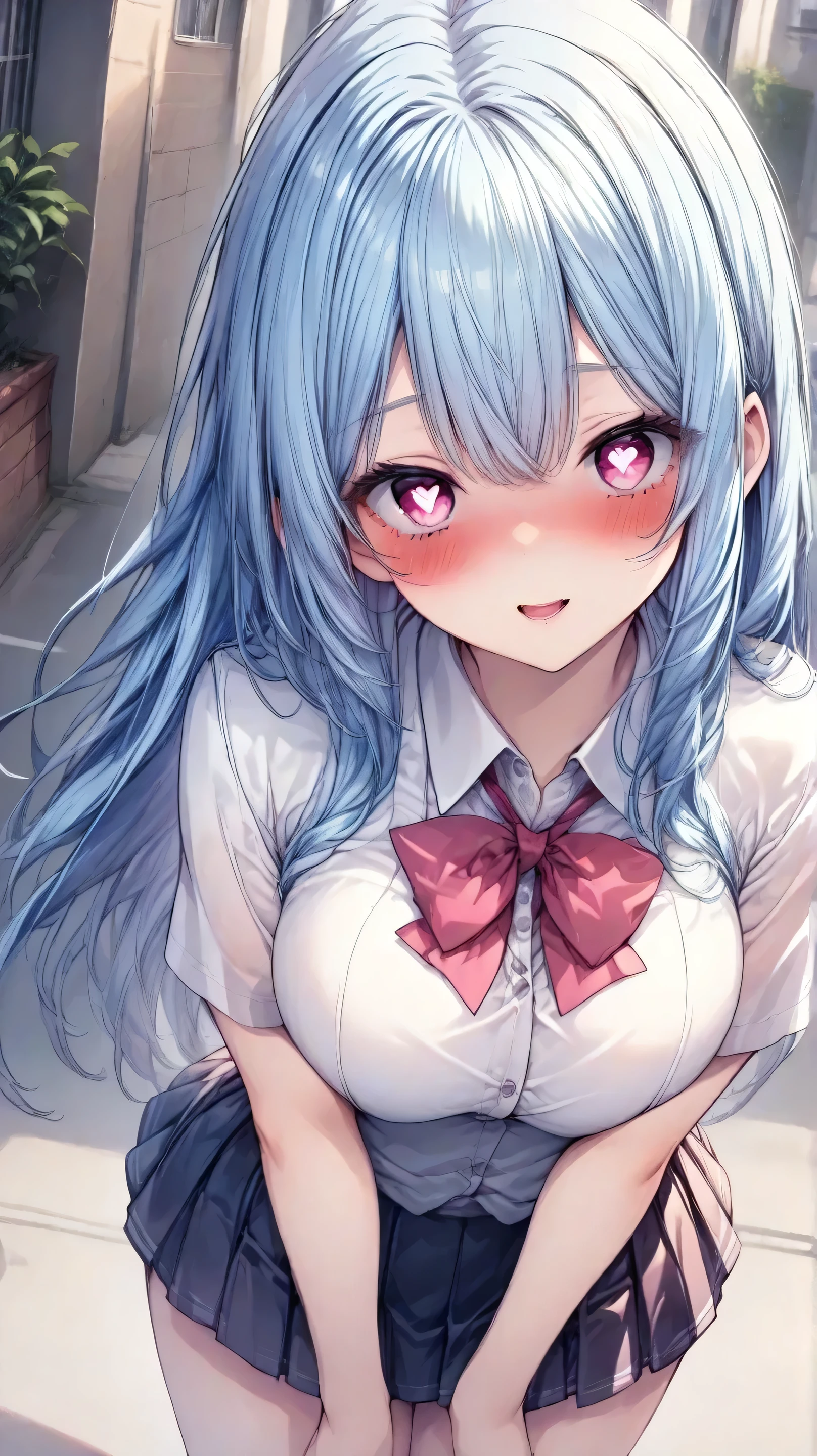 a girl, long hair, High resolution, blush, Love, Model HD, Masterpiece, High resolution, blue hair, blush, Pink eyes, Yandere heart shaped pupils school uniform Heart shaped pupils model hd