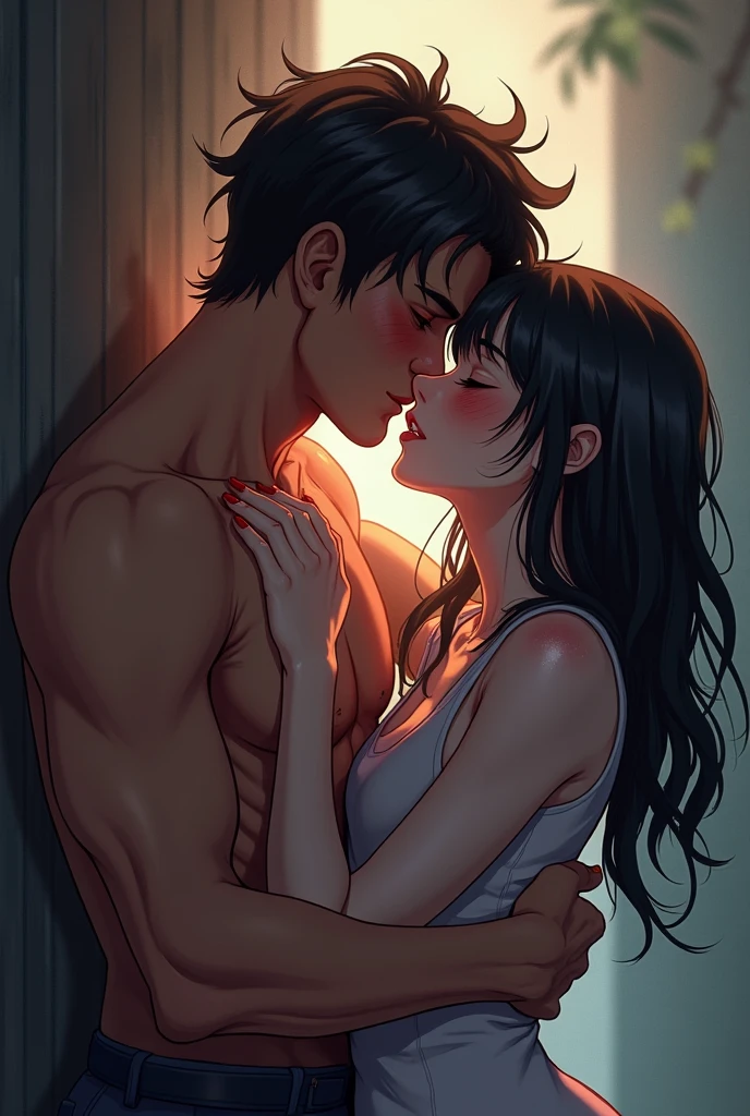 Amazing portrait of a cute goth woman with her short black hair in a bob hairstyle with heavy eyeliner around her eyes wearing an off shoulder t shirt that is orange and black with black bra straps kissing and making out passionately with a shirtless boy on the bed in an intimate setting