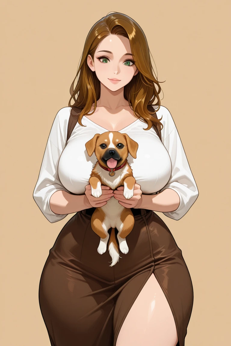 A girl with big breasts and a Chihuahua dog
