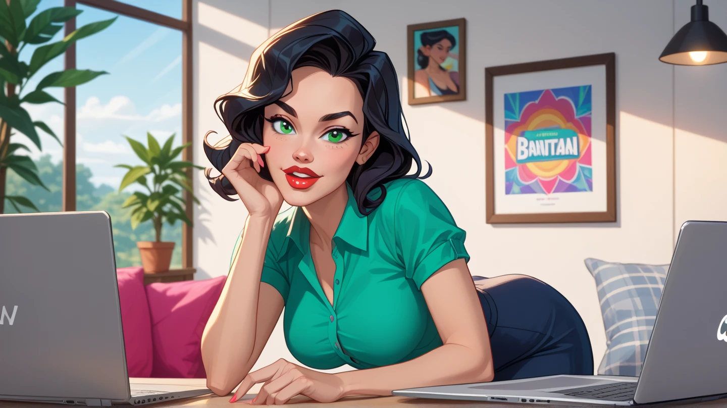 4k, melhor qualidade, Comic Babes, desenho de uma mulher sentada em uma cadeira com um laptop e um espelho, caricatura style, caricatura illustration, caricatura!!!, Rendering, Catarina, by Olga Boznańska, powder Adrienn Henczné Deák, fotografia de retrato, illustration!, em estilo cartoon, caricatura, caricatura, por Elena Guru, caricatura