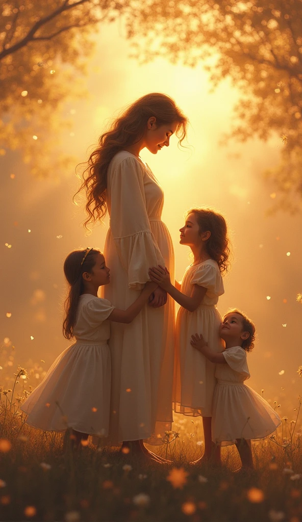 Magical Mom with her children, boy and girl surrounded by Light, portals of light, and sparks of light, colors in the image: beige, dorado, Brown, orange, white, pale pink, 