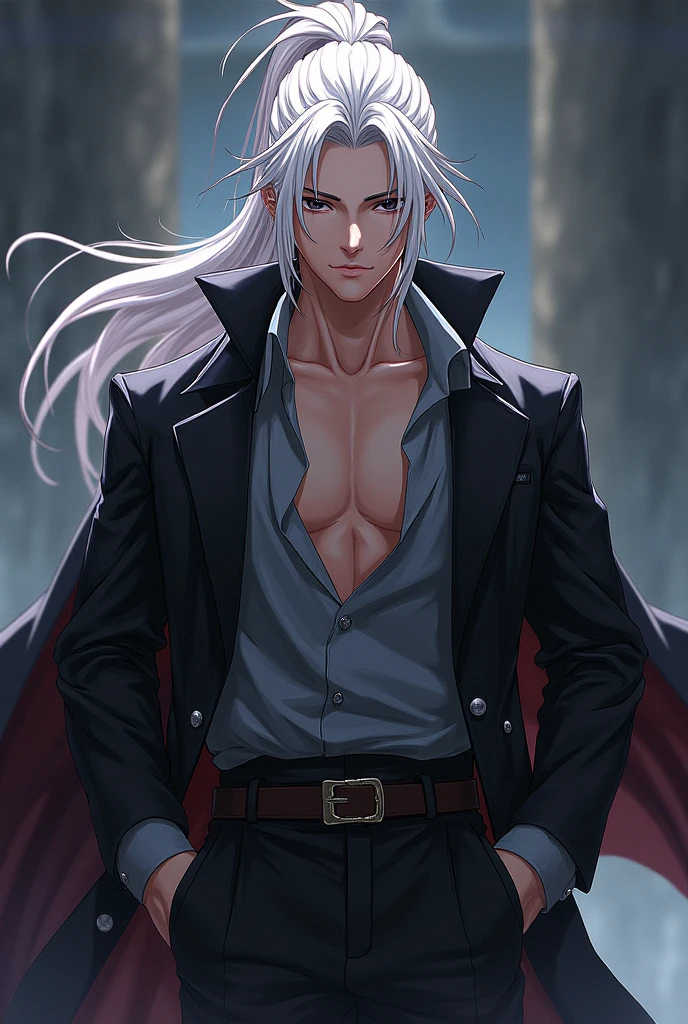 (absurdres, highres, ultra detailed), 1man, 30 years old man, adult man, handsome, tall,, finely detailed eyes and detailed face, black leather pants, no shirt, open chest, night, smile, dutch angle, ((very long hair, white hair)), (((wolf ears))), wolf white tail, moon, forest, black horns in his head, silver details, earrings, black chocker, gothic, dark, black simple dress, looking at the view, pale skin, eyeliner, dog collar, (((open chest))), leather jacket, (masculine), sexy, ((((angry))))