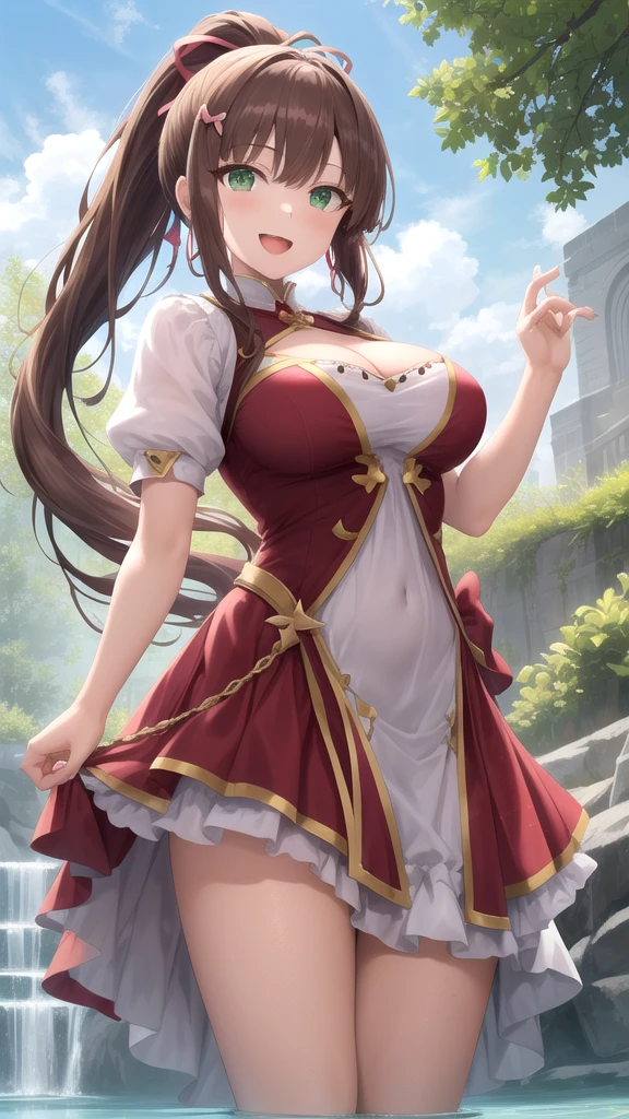 (((masterpiece))),((Highest quality)),Beautiful girl, Aerith, Sexy witch, bangs、(Long Hair, Braided ponytail:1.5)、(((huge firm bouncing bust, Deep cleavage)))、2、Translucent white skin, Japanese girl、 Beautiful digital artwork, Beautiful fantasy art, dynamic sely poses, A kind smile, Mysterious Background, A gentle gaze,ビキニ