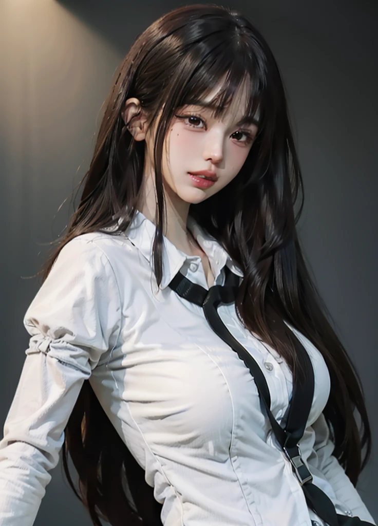 slender, very elaborate girl, very elaborate face, beautiful eyes, light hitting the face, viewer looking, mouth closed, light smile, ultra detailed, (photorealistic: 1.4), girl, solo bangs, uniform, blue tie, black skirt, cheek, chest, collared shirt, formal, halo, jacket, long hair , Long Sleeve, Medium Breasted, Multi-colored Jacket, Tie, Open Clothes, Open Jacket, Bangs, Pleated Skirt, Black Hair, Brown Eye, Shirt, Simple Background, Skirt, Light Smile, Close Mouse, Suit, Two Side Up, White Jacket, White Shirt, Yuuka \ (Blue Archive \), Masterpiece, High Resolution, (Best Quality: 1.2), twin tails, aged down, thighs, office,