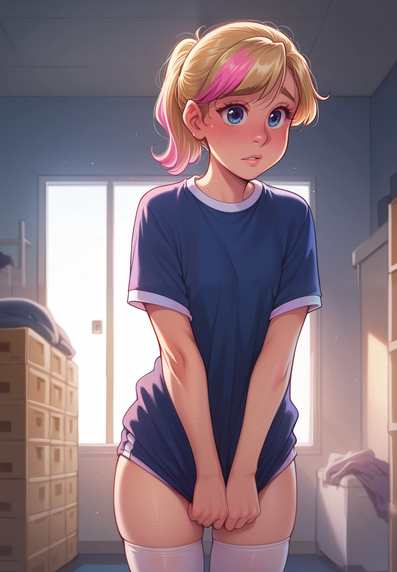 Made by melkor mancin, 1girl, solo, Riley Andersen, Inside Out, shy, blush, sweaty, blonde ponytail hair with pink highlights, school gym outfit, white thigh highs, storage room, night time, beautiful lighting and shadows,