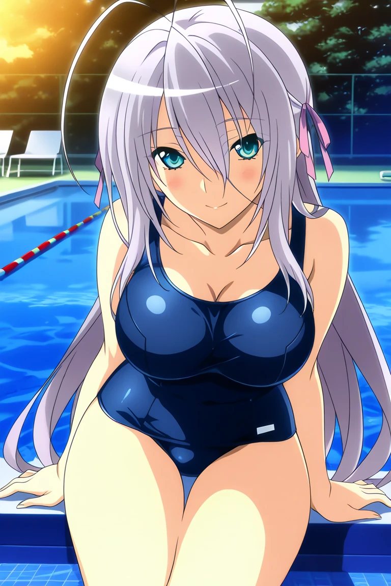 ((masterpiece, best quality, high resolution, UHD, pixel perfect, depth of field, 8k, RTX, HDR))cowboy shot, one girl style anime, BREAK, 1 girl, Glossy skin, sharp, Beauty of perfect body, realistic shadow perfect body, cleavage, ("metalic blue School swimsuits, Navy, transparent ":1.2), medium breasts, erect nipples, long hair, blue hair with black hair roots, green eyes, well defined eyes, high definition eyes, eyelashes and black shadow under the eyes, blushing, high gloss eyes, shiny skin, sharp, Perfect Body Beauty, BREAK, looking at the viewer, (dynamic pose:1.1),upper legs, Side of the pool, crouched, leg wide open, body wet and dripping water, sexy posture, legs, round ass, in a school pool.