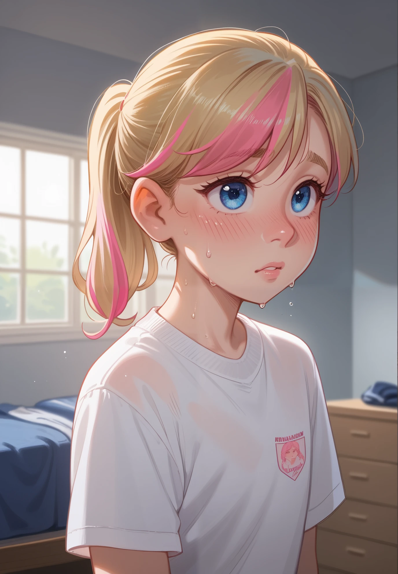 Made by melkor mancin, 1girl, solo, Riley Andersen, Inside Out, shy, blush, sweaty, blonde ponytail hair with pink highlights, school gym outfit, white thigh highs, storage room, night time, beautiful lighting and shadows,