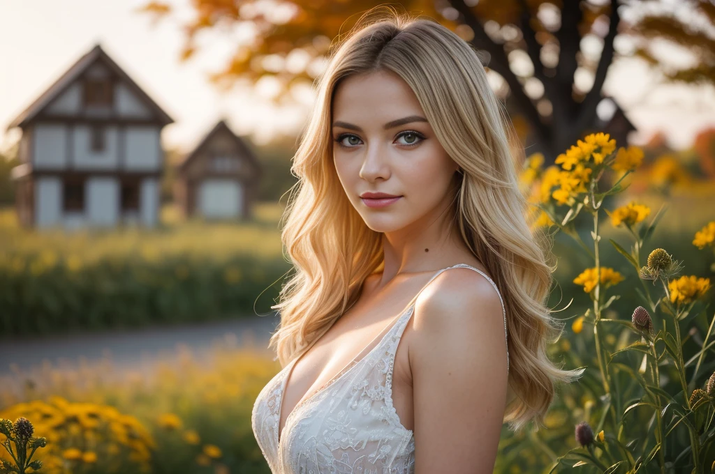 (from below:1.4), shot from the ground level,
a gorgeous European blonde woman, age 23, wavy hair. she's a playboy magazine model. She has a subtle smile and flirts with the camera, (She is holding a bouquet of flowers that her husband has just given her. She is very happy and in love with her husband:1.3), (in sunset light:1.2), perfect eyes, perfect hands, perfect body, perfect hair, perfect breast, hair behind ear, blurry foreground, UHD, retina, masterpiece, accurate, anatomically correct, textured skin, super detail, high details, high quality, award winning, best quality, highres, 16k, 8k