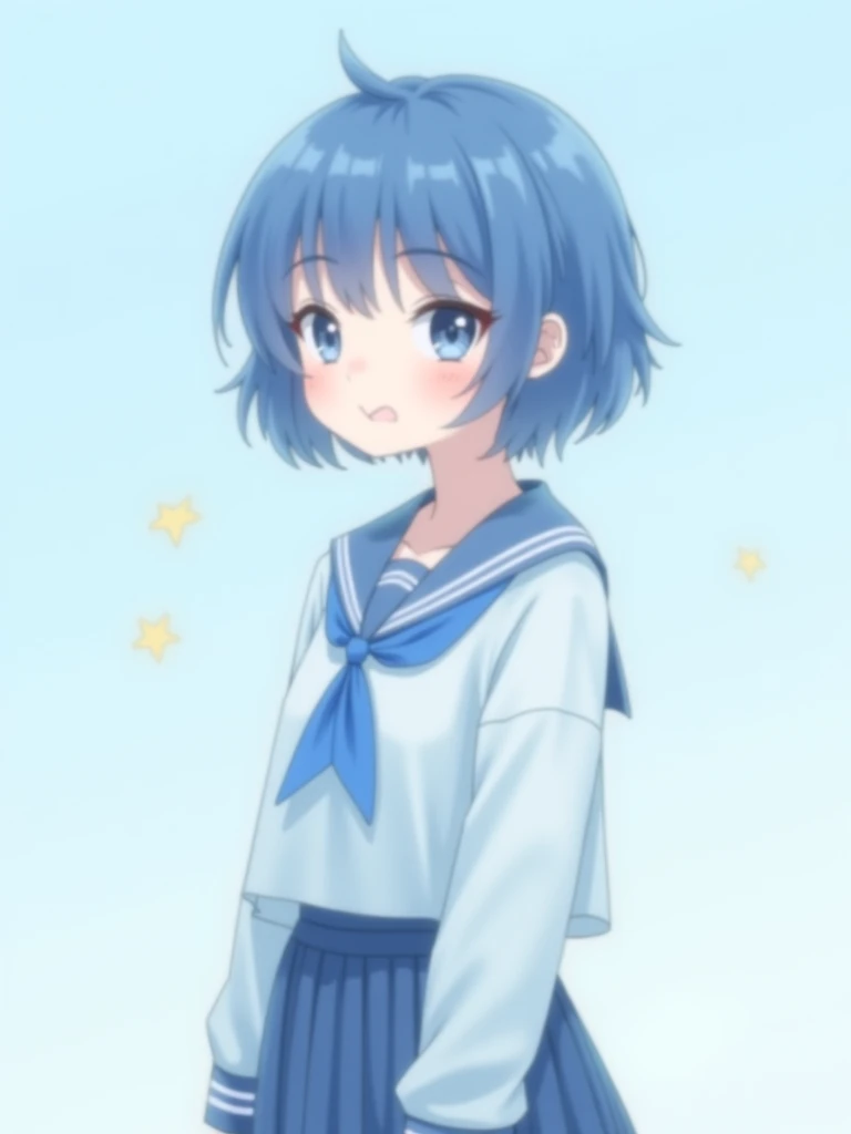 Anime girl, blue and white minimalist schoolgirl uniform, shorta hair,Natural saturation, gradient