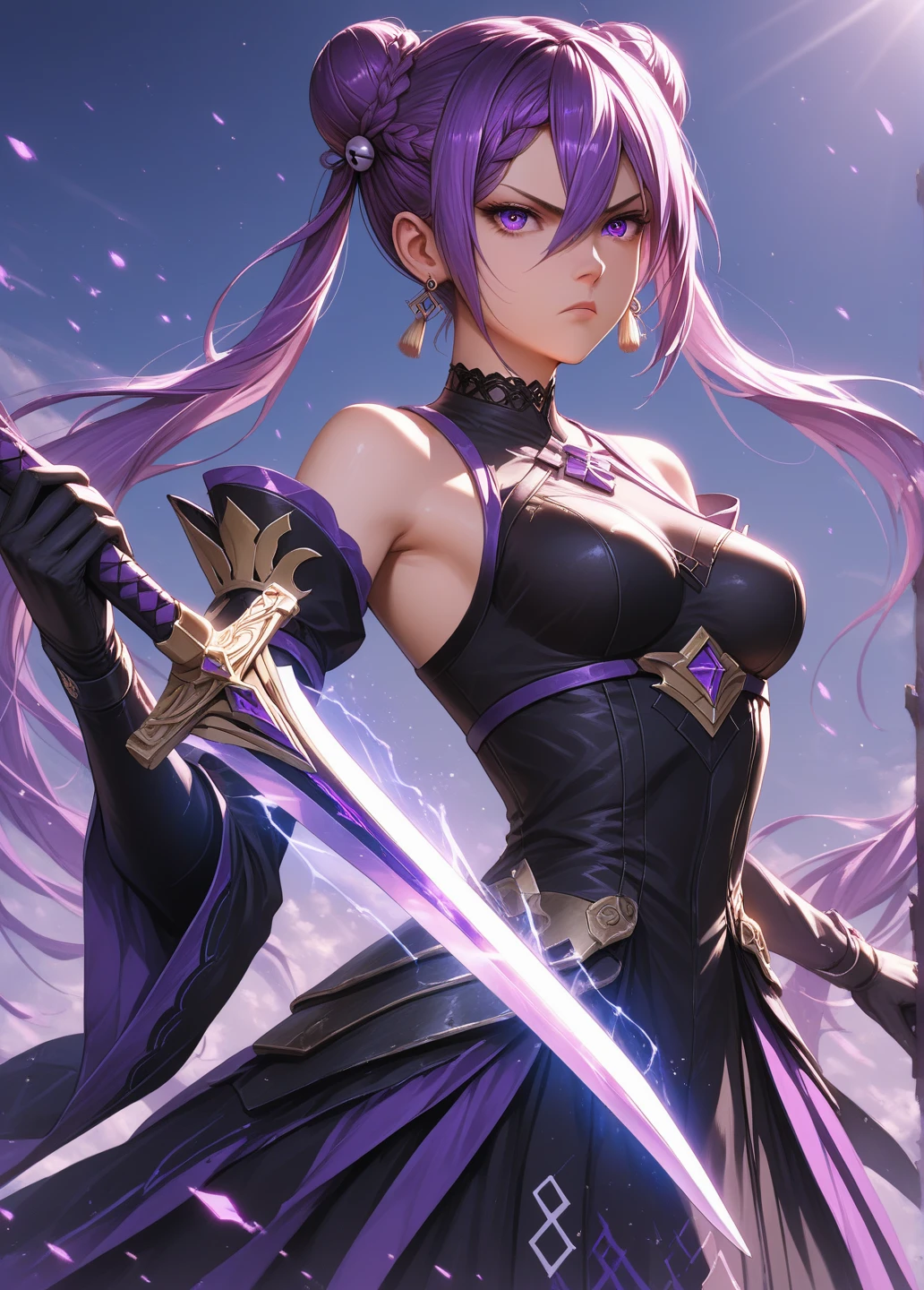 Colorful, 1 girl, White hair, Purple eyes, Sexual, double hilt, sword, hand sword, blue flame, glitters, shiny weapon, Light particles, the wallpaper, color difference,