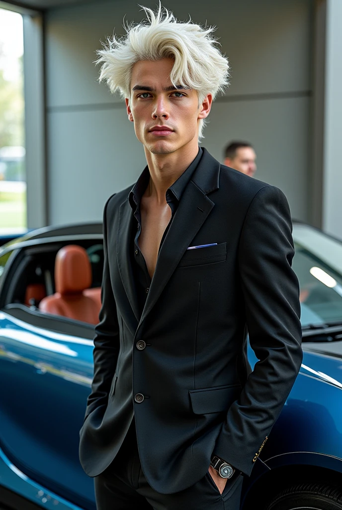 a white man with blonde hair wearing an expensive suit with white shirt standing beside audi A4 car in the street.The man is muscular with bunch of money on his laps.He is holding iphone 15 pro max
