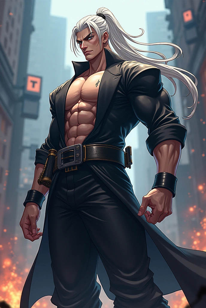 man, masculine, villain face, attractive, muscular, ((1man)), masterpiece, absurdres, best quality ,intricate details , (shiny skin, shiny body, shiny oily luster skin, shiny hair, pale skintone), Sundown, attractive, ((muscular)), adult, one, full body tatto, earrings, black pants, Topless , Dark aura, silver long hair, perfect detailed face, perfect detailed hands, vampire, Red eyes, Dark Atmospher, ((MLS)), medium large shoot