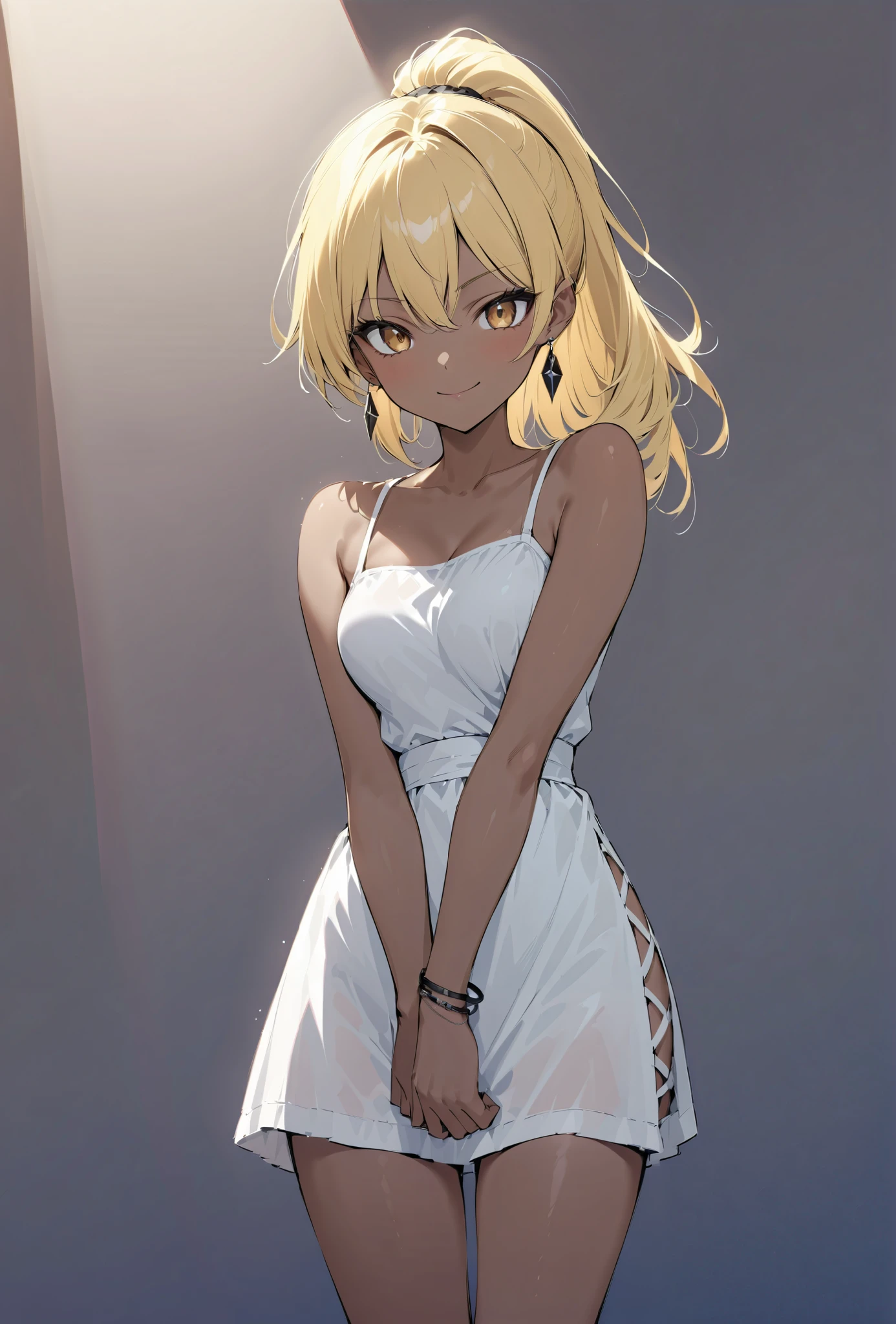 beauty ponytail BLONDE brown skin Black Skin flirtatious attitude evil expression smile looks at you melancholy mood earrings bracelet、 standing