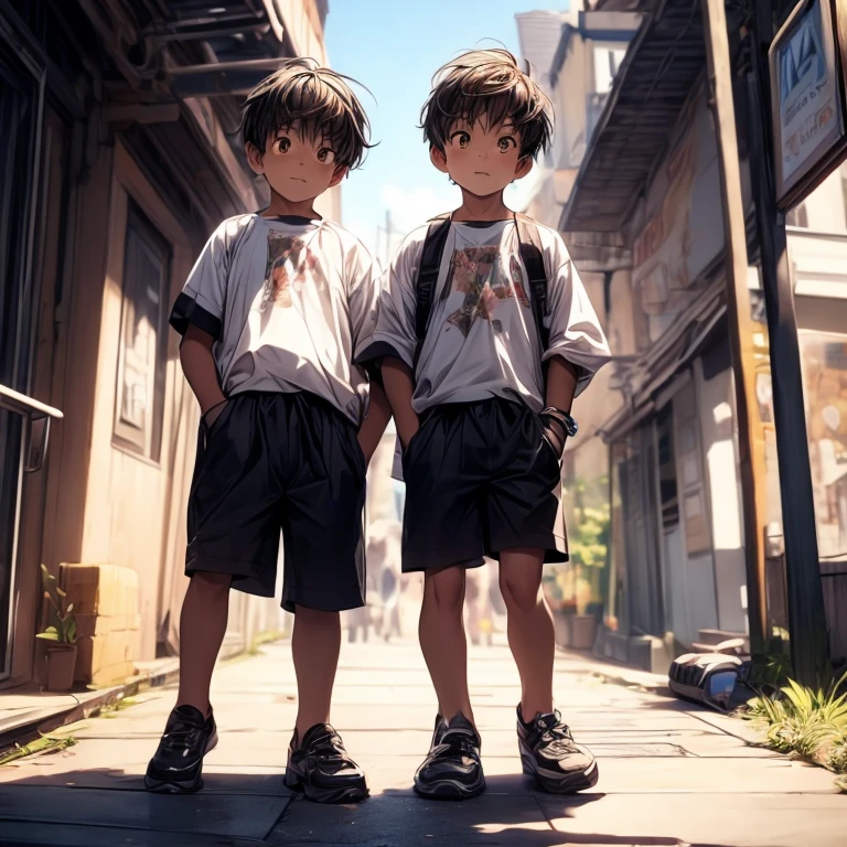 A couple of Chinese boys around 7 years old,Normal body type is slightly thinner,He wears a light blue short-sleeved shirt,Light blue shorts,In the game,He wept aloud,teary,Eventually, even urinary incontinence,Urine soaked the shorts,Run down your legs to the ground。